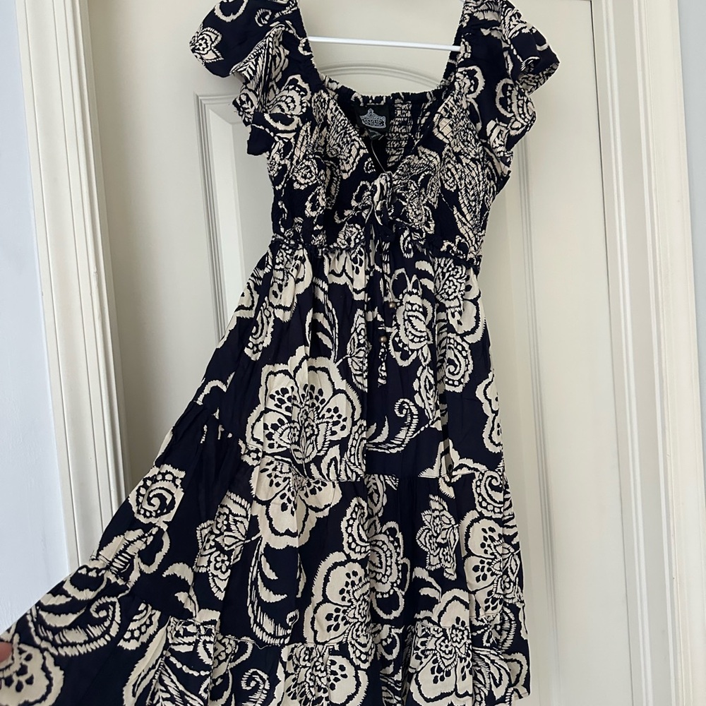 Angie Cream and Blue Midi Sundress with Flutter Sleeves and Sweetheart Neckline